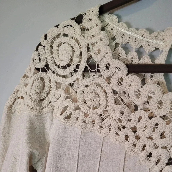 UMGEE linen cotton crochet lace balloon sleeve BOHO blouse top, oatmeal size M - Picture 2 of 9